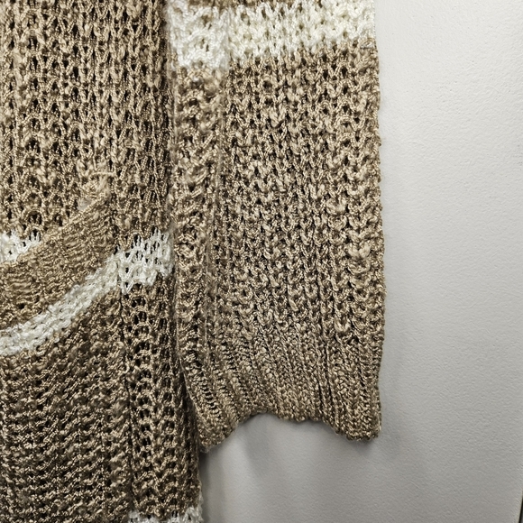 Macaron Women's Midi Oatmeal Tan White Striped Crochet Knit Cardigan Sweater S - Picture 5 of 6